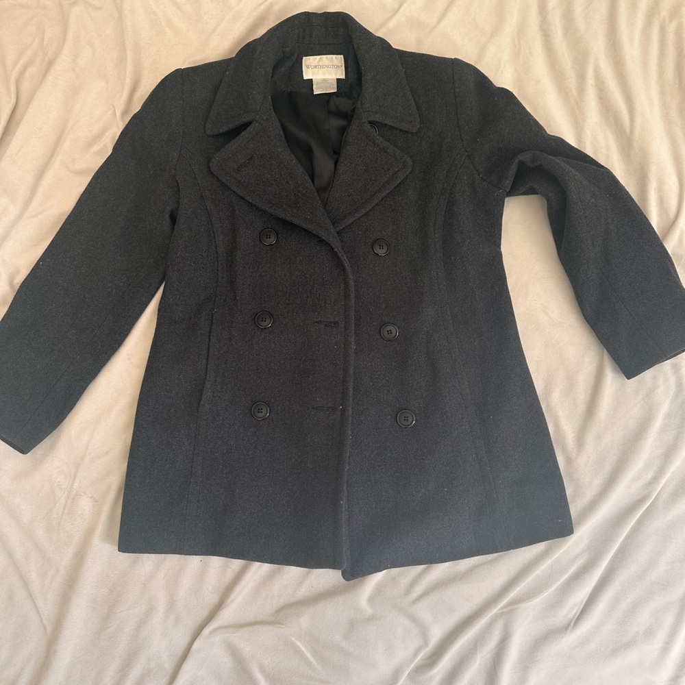 Worthington 100% Wool Charcoal Double-Breasted Pea Coat